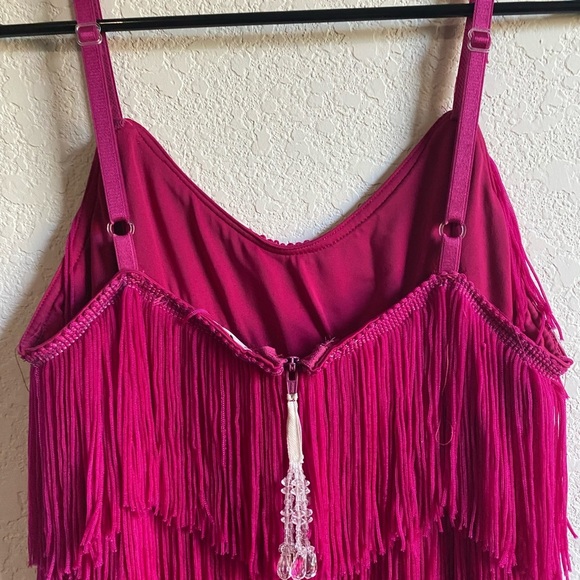 Cheryl Creations Fuchsia Pink Fringe Tiered Jeweled Zipper Flapper Mini Dress S - Picture 13 of 16